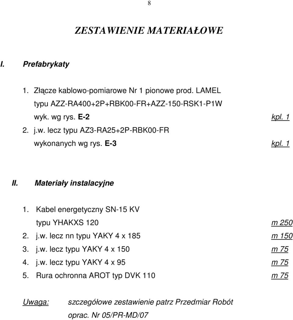 E-3 kpl. 1 II. Materiały instalacyjne 1. Kabel energetyczny SN-15 KV typu YHAKXS 120 m 250 2. j.w. lecz nn typu YAKY 4 x 185 m 150 3.