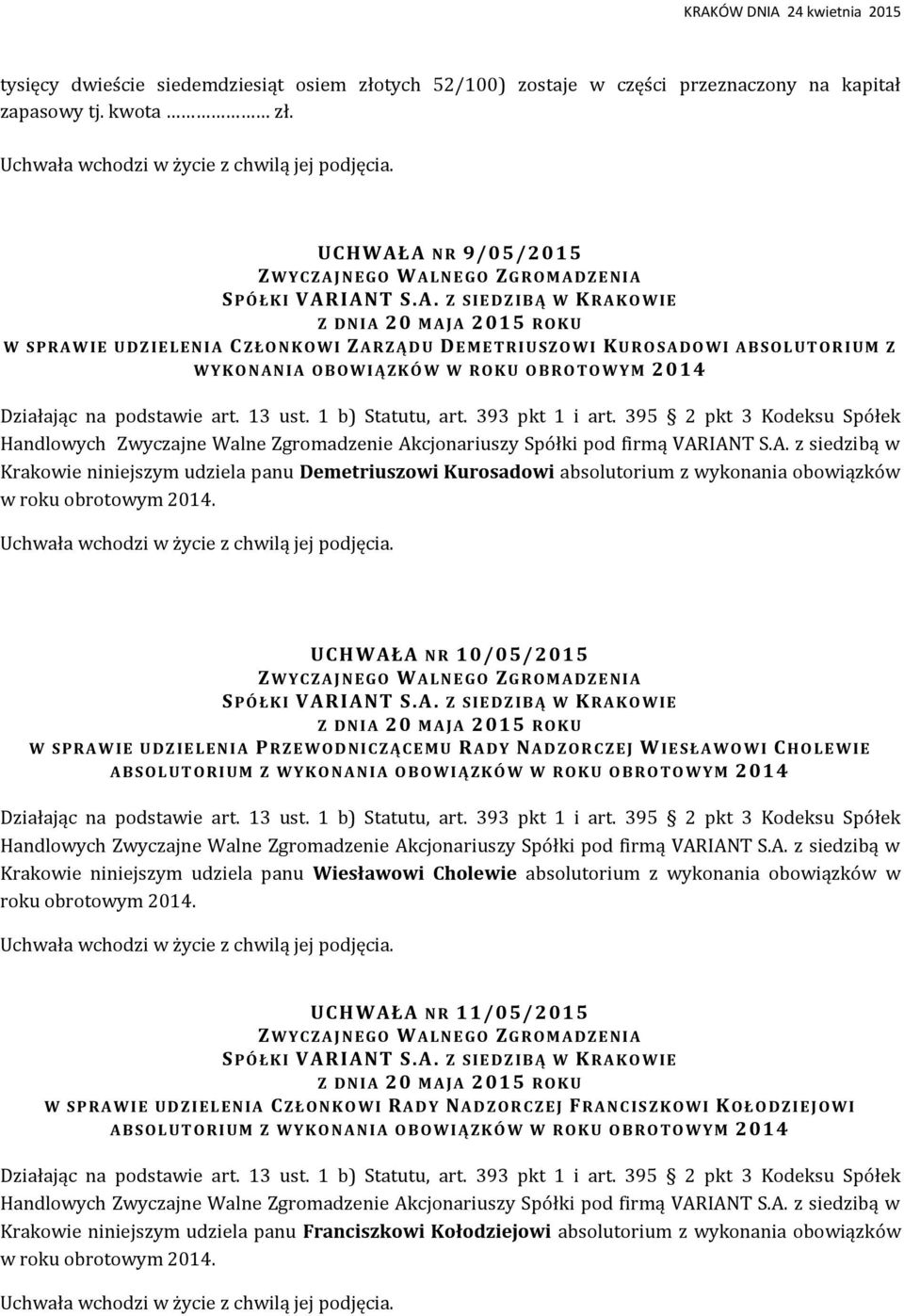 O B R O T O W Y M 2014 Krakowie niniejszym udziela panu Demetriuszowi Kurosadowi absolutorium z wykonania obowiązków w roku obrotowym 2014.