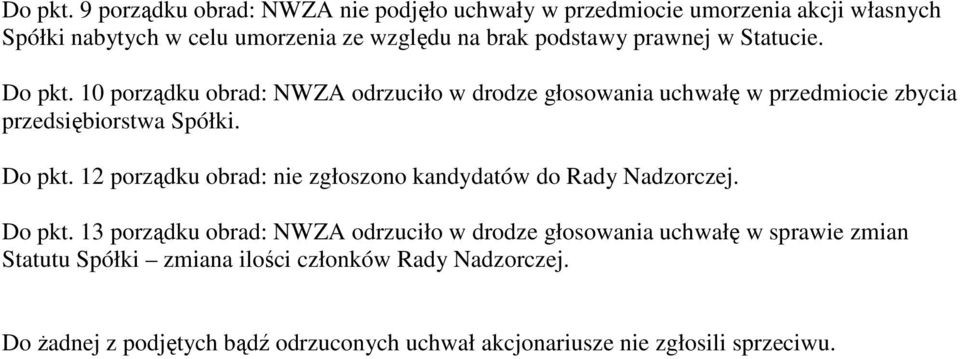 prawnej w Statucie.  10 porządku obrad: NWZA odrzuciło w drodze głosowania uchwałę w przedmiocie zbycia przedsiębiorstwa Spółki.