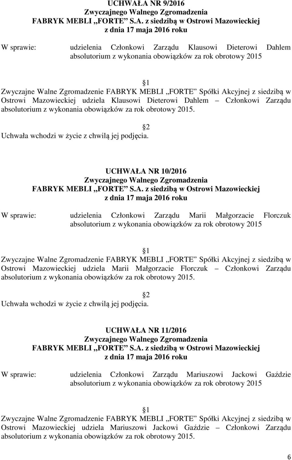 UCHWAŁA NR 10/2016 udzielenia Członkowi Zarządu Marii Małgorzacie Florczuk absolutorium z wykonania obowiązków za rok obrotowy 2015 Ostrowi Mazowieckiej udziela Marii Małgorzacie Florczuk Członkowi