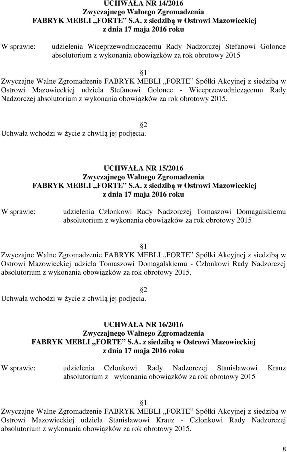 UCHWAŁA NR 15/2016 udzielenia Członkowi Rady Nadzorczej Tomaszowi Domagalskiemu absolutorium z wykonania obowiązków za rok obrotowy 2015 Ostrowi Mazowieckiej udziela Tomaszowi Domagalskiemu -