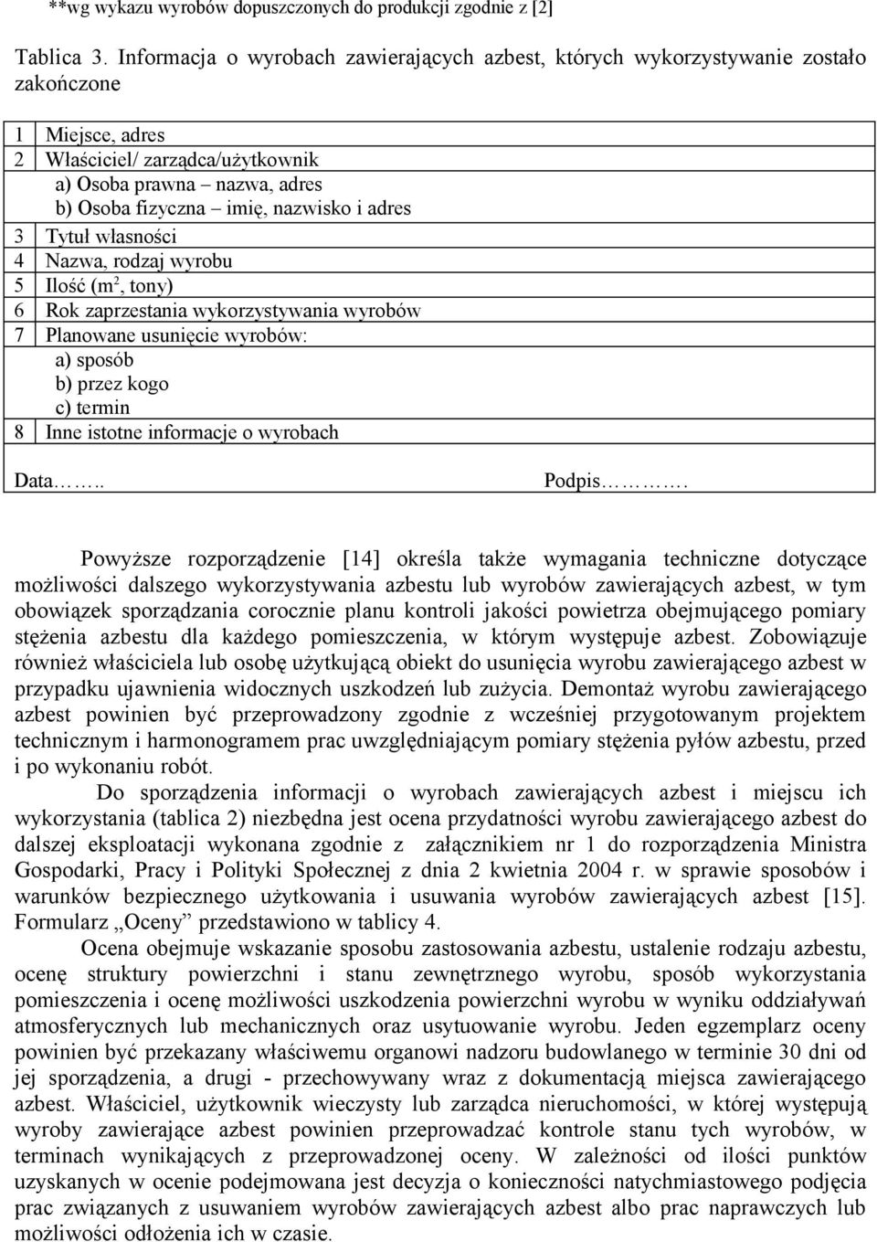 i adres 3 Tytuł własności 4 Nazwa, rodzaj wyrobu 5 Ilość (m 2, tony) 6 Rok zaprzestania wykorzystywania wyrobów 7 Planowane usunięcie wyrobów: a) sposób b) przez kogo c) termin 8 Inne istotne