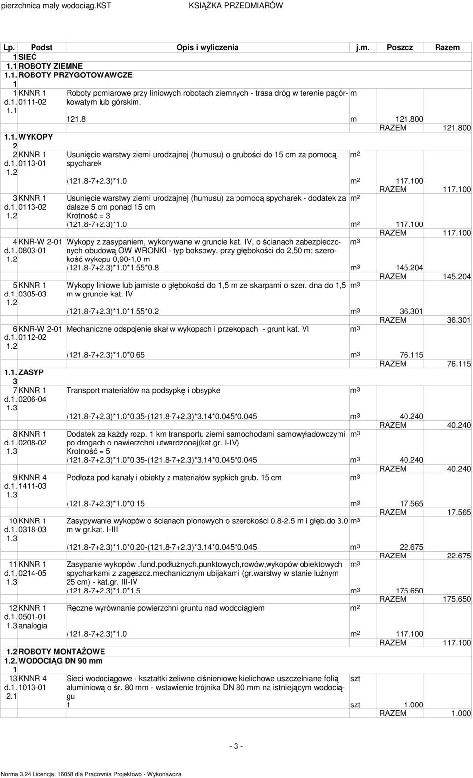 1. 011-01 spycharek (121.8-7+2.)*1.0 2 117.100 KNNR 1 Usunięcie warstwy ziei urodzajnej (huusu) za poocą spycharek - dodatek za 2 d.1. 011-02 dalsze 5 c ponad 15 c Krotność = (121.8-7+2.)*1.0 2 117.100 4KNR-W 2-01 Wykopy z zasypanie, wykonywane w gruncie kat.