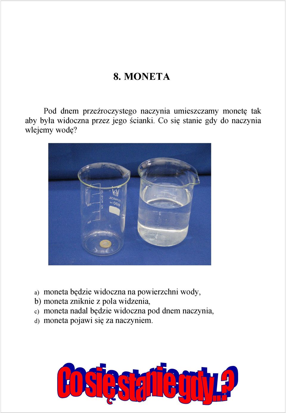 moneta będzie widoczna na powierzchni wody, b) moneta zniknie z pola widzenia,