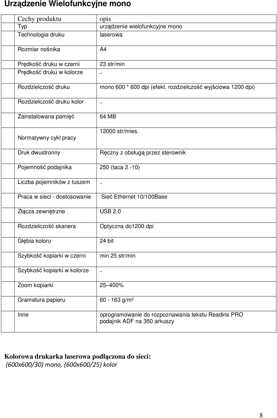 Ręczny z obsługą przez sterownik Pojemność podajnika 250 (taca 2-10) Liczba pojemników z tuszem - Praca w sieci - dostosowanie Sieć Ethernet 10/100Base Złącza zewnętrzne USB 2.