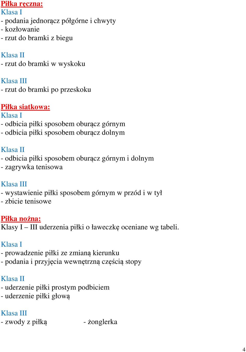 II - wystawienie piłki sposobem górnym w przód i w tył - zbicie tenisowe Piłka nożna: Klasy I III uderzenia piłki o ławeczkę oceniane wg tabeli.