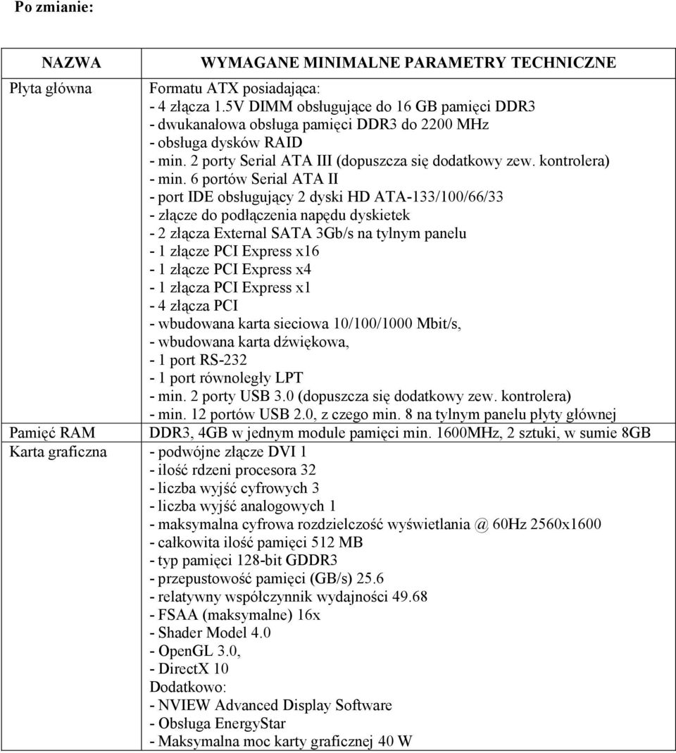 kontrolera) - min. 12 portów USB 2.0, z czego min. 8 na tylnym panelu płyty głównej Pamięć RAM DDR3, 4GB w jednym module pamięci min.