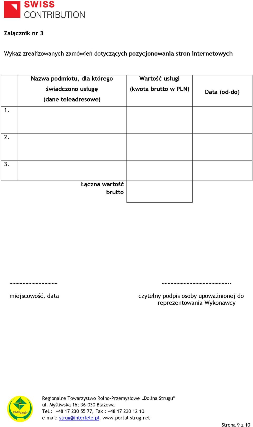 Nazwa podmiotu, dla którego świadczono usługę (dane teleadresowe) Wartość usługi