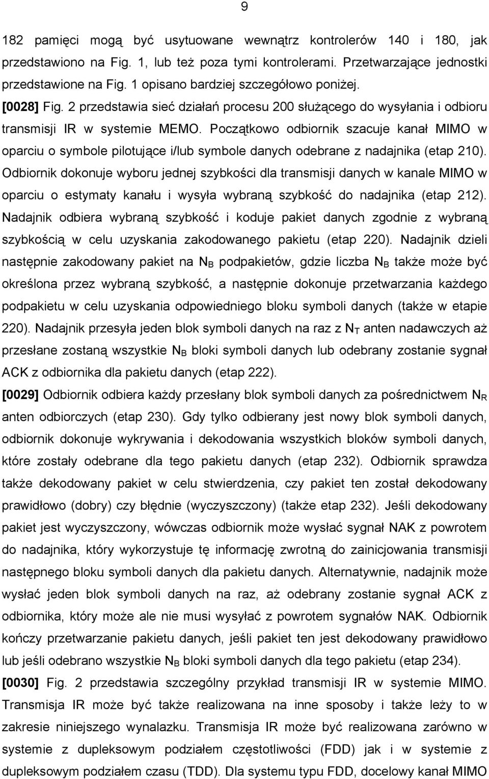 Początkowo odbiornik szacuje kanał MIMO w oparciu o symbole pilotujące i/lub symbole danych odebrane z nadajnika (etap 210).