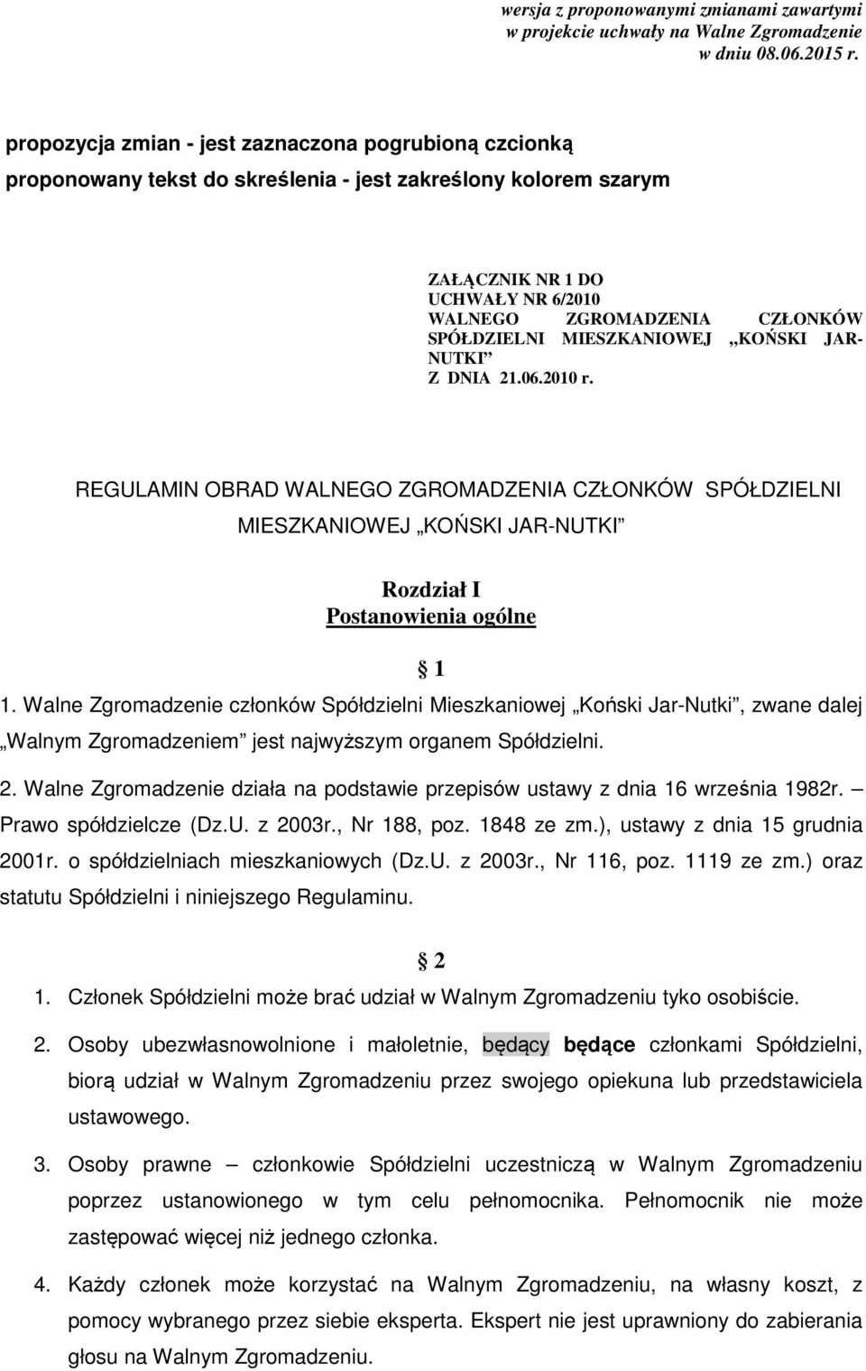 MIESZKANIOWEJ KOŃSKI JAR- NUTKI Z DNIA 21.06.2010 r. REGULAMIN OBRAD WALNEGO ZGROMADZENIA CZŁONKÓW SPÓŁDZIELNI MIESZKANIOWEJ KOŃSKI JAR-NUTKI Rozdział I Postanowienia ogólne 1 1.