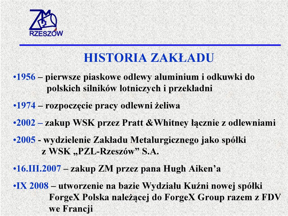 wydzielenie Zakładu Metalurgicznego jako spółki z WSK PZL-Rzeszów S.A. 16.III.