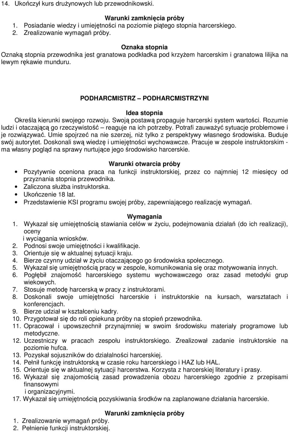 PODHARCMISTRZ PODHARCMISTRZYNI Idea stopnia Określa kierunki swojego rozwoju. Swoją postawą propaguje harcerski system wartości. Rozumie ludzi i otaczającą go rzeczywistość reaguje na ich potrzeby.