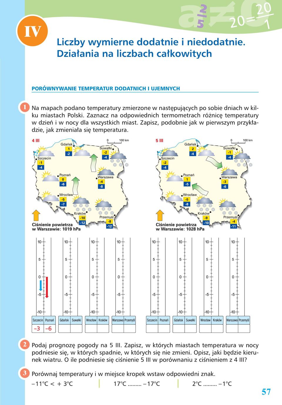 Zaznacz na odpowiednich termometrach różnicę temperatury w dzień i w nocy dla wszystkich miast. Zapisz, podobnie jak w pierwszym przykładzie, jak zmieniała się temperatura.