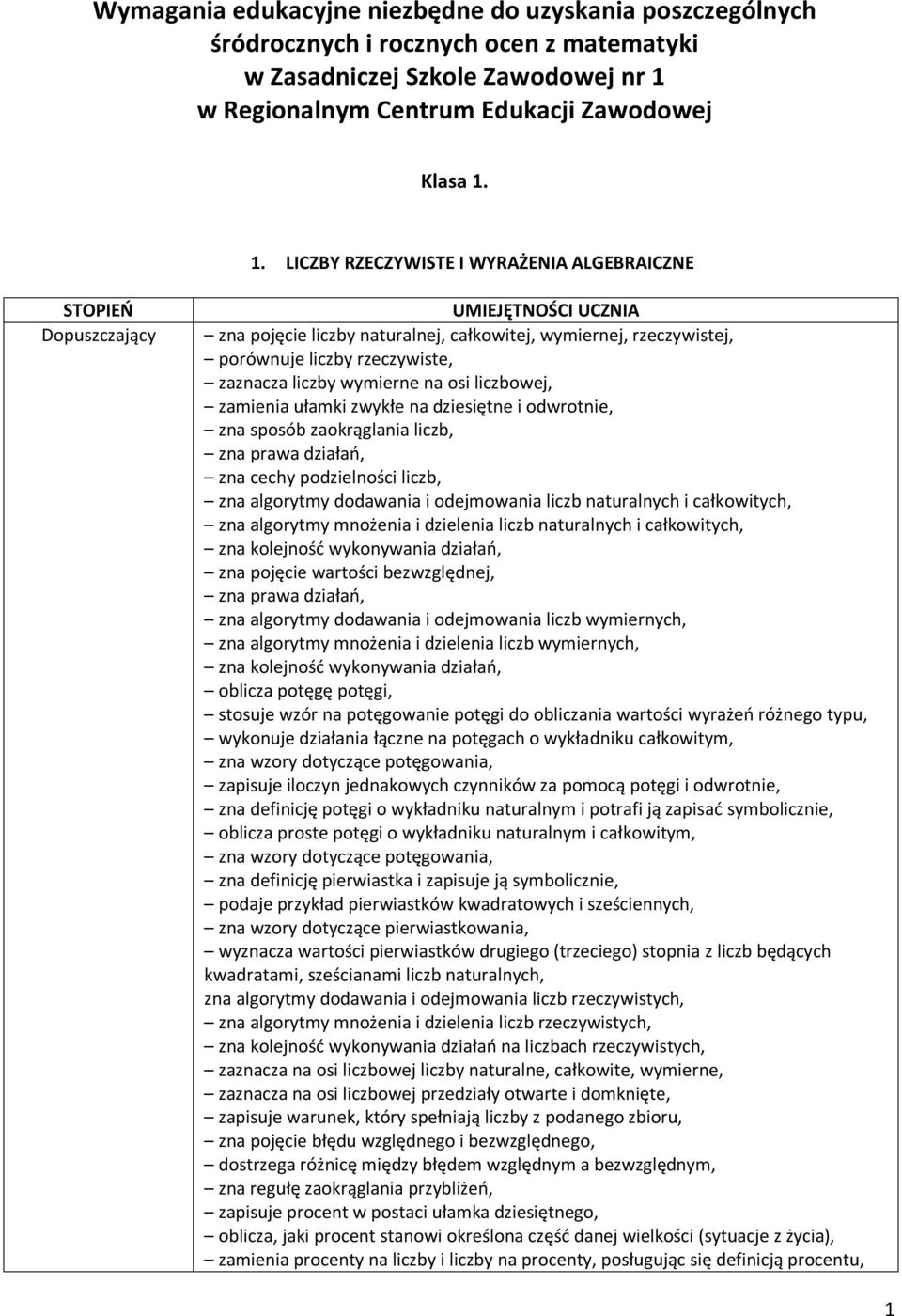 1. LICZBY RZECZYWISTE I WYRAŻENIA ALGEBRAICZNE STOPIEŃ Dopuszczający UMIEJĘTNOŚCI UCZNIA zna pojęcie liczby naturalnej, całkowitej, wymiernej, rzeczywistej, porównuje liczby rzeczywiste, zaznacza