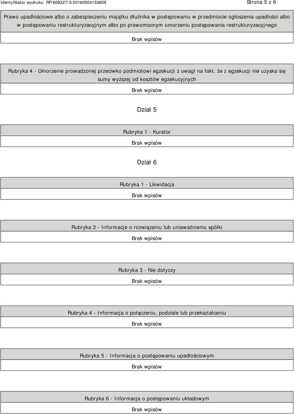 sumy wyższej od kosztów egzekucyjnych Dział 5 Rubryka 1 - Kurator Dział 6 Rubryka 1 - Likwidacja Rubryka 2 - Informacje o rozwiązaniu lub unieważnieniu spółki Rubryka 3 -