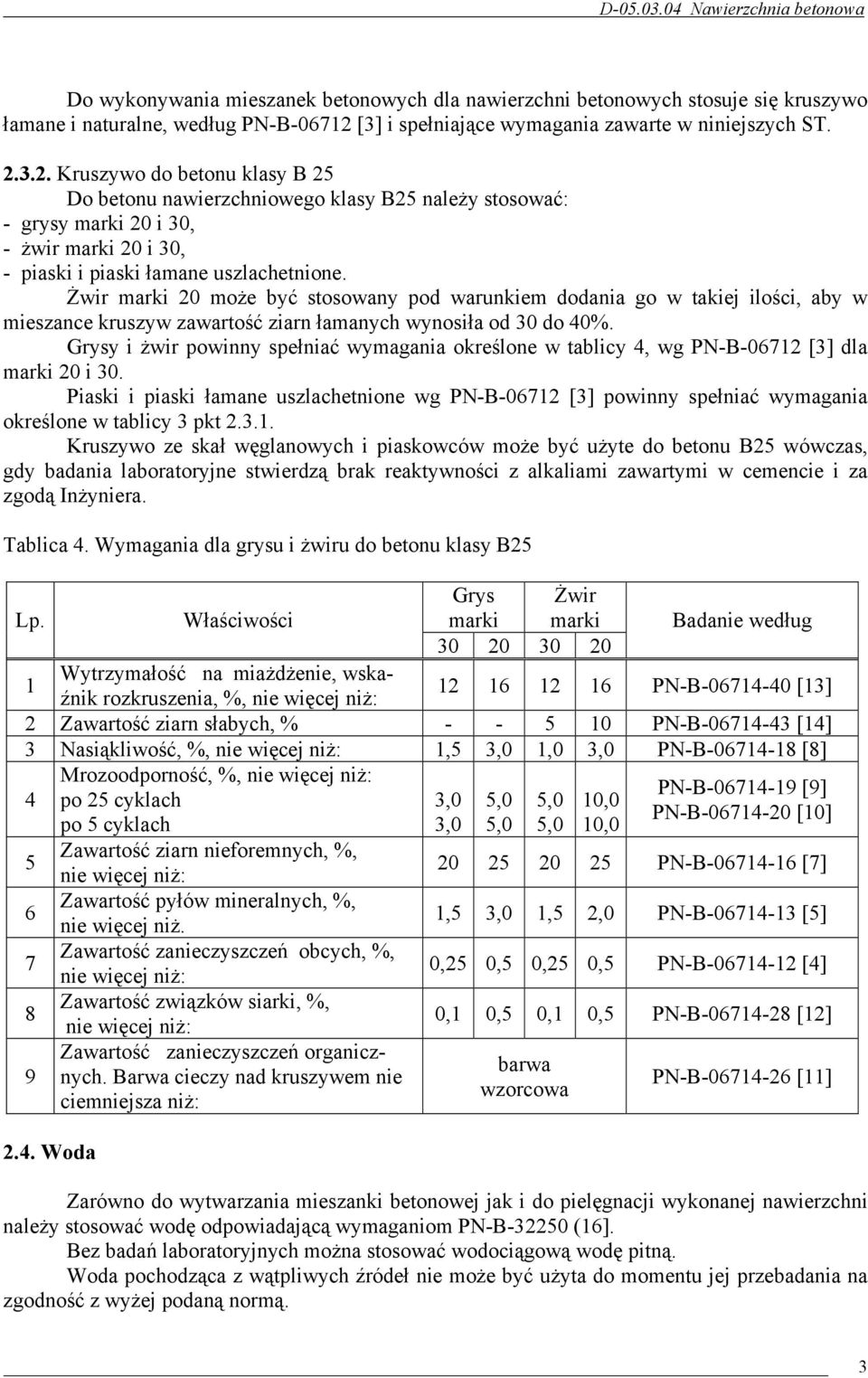 3.2. Kruszywo do betonu klasy B 25 Do betonu nawierzchniowego klasy B25 należy stosować: - grysy marki 20 i 30, - żwir marki 20 i 30, - piaski i piaski łamane uszlachetnione.