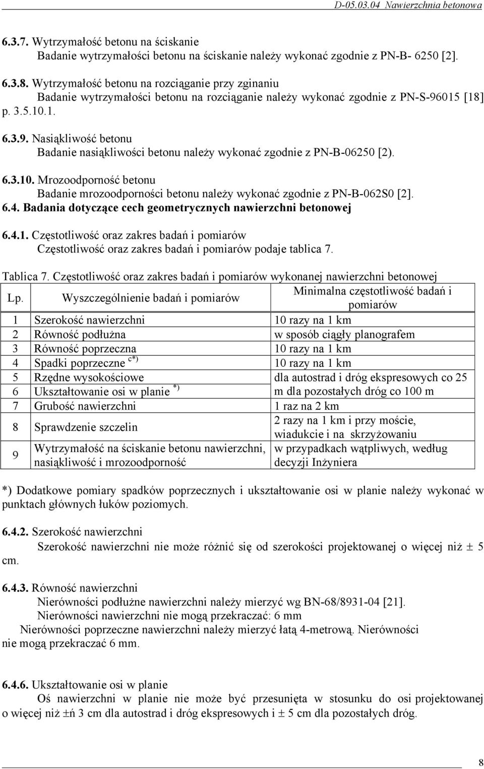 015 [18] p. 3.5.10.1. 6.3.9. Nasiąkliwość betonu Badanie nasiąkliwości betonu należy wykonać zgodnie z PN-B-06250 [2). 6.3.10. Mrozoodporność betonu Badanie mrozoodporności betonu należy wykonać zgodnie z PN-B-062S0 [2].