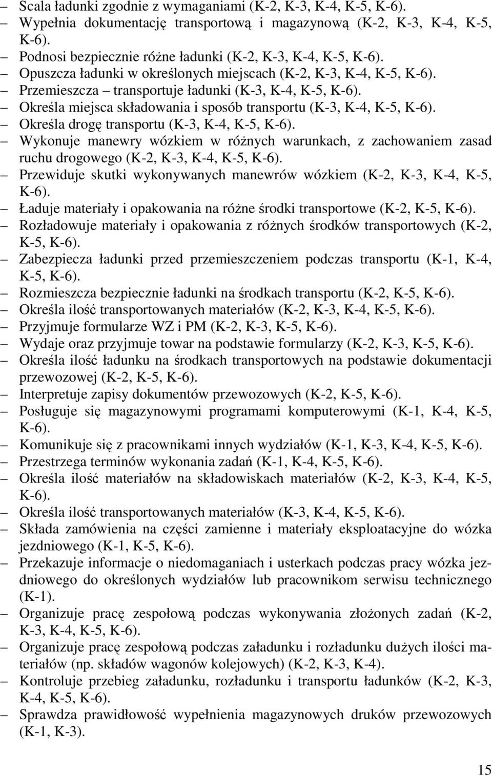 Określa drogę transportu (K-3, K-4, K-5, K-6). Wykonuje manewry wózkiem w różnych warunkach, z zachowaniem zasad ruchu drogowego (K-2, K-3, K-4, K-5, K-6).