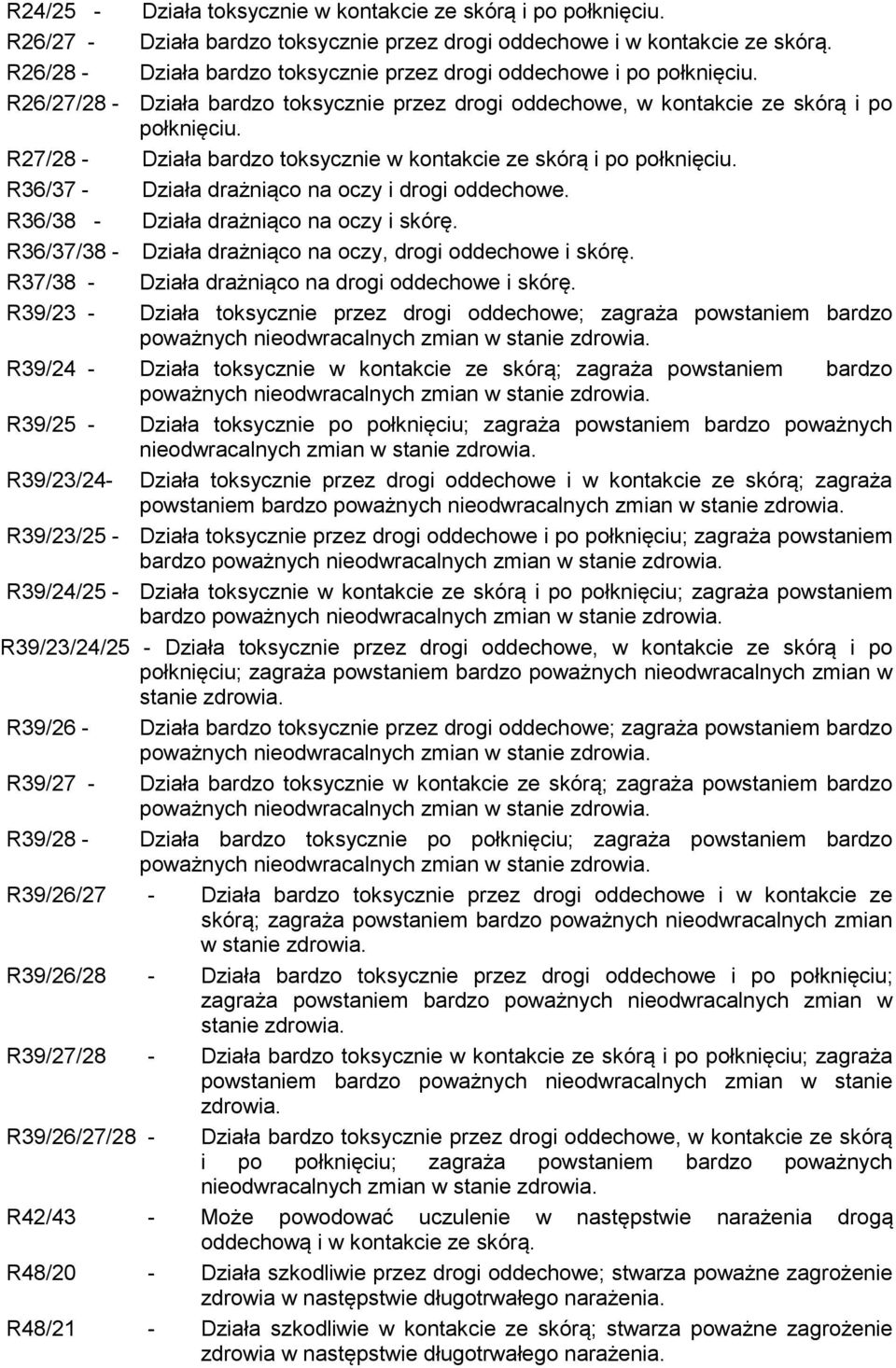 R27/28 - Działa bardzo toksycznie w kontakcie ze skórą i po połknięciu. R36/37 - Działa drażniąco na oczy i drogi oddechowe. R36/38 - Działa drażniąco na oczy i skórę.