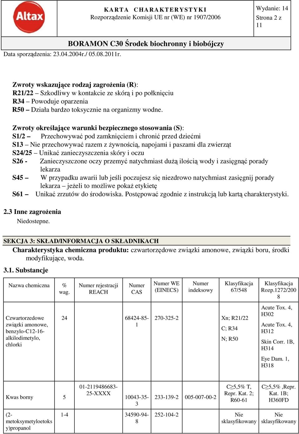 Zwroty określające warunki bezpiecznego stosowania (S): S1/2 Przechowywać pod zamknięciem i chronić przed dziećmi S13 Nie przechowywać razem z żywnością, napojami i paszami dla zwierząt S24/25 Unikać