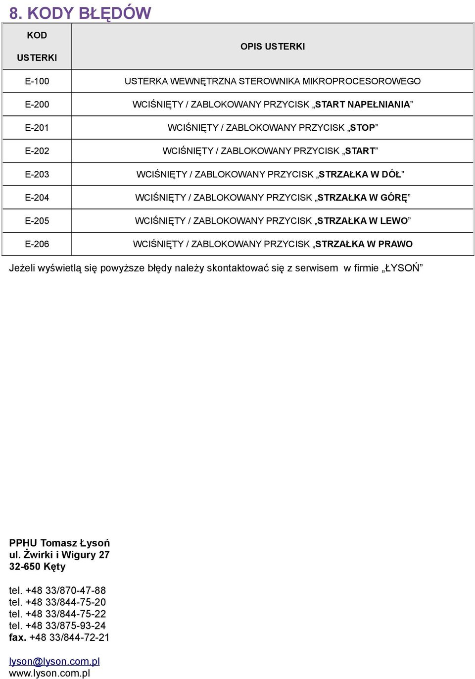 ZABLOKOWANY PRZYCISK STRZAŁKA W LEWO E-206 WCIŚNIĘTY / ZABLOKOWANY PRZYCISK STRZAŁKA W PRAWO Jeżeli wyświetlą się powyższe błędy należy skontaktować się z serwisem w firmie ŁYSOŃ PPHU