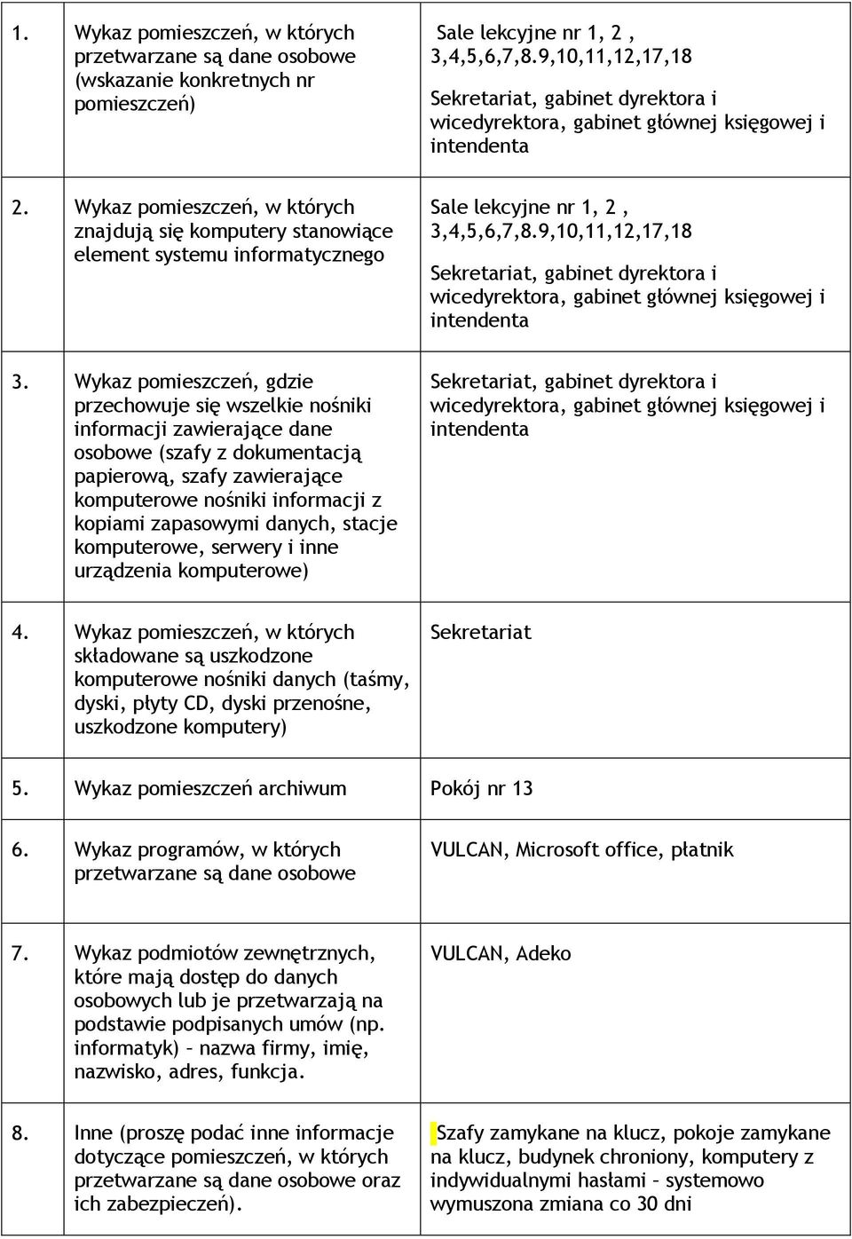 Wykaz pomieszczeń, w których znajdują się komputery stanowiące element systemu informatycznego Sale lekcyjne nr 1, 2, 3,4,5,6,7,8.