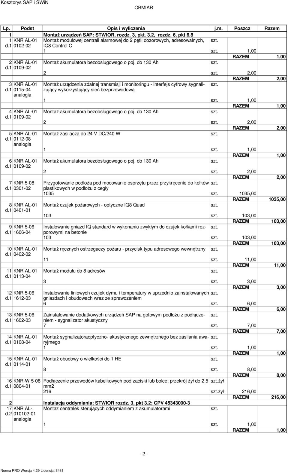 1 0109-02 2 2,00 3 KNR AL-01 MontaŜ urządzenia zdalnej transmisji i monitoringu - interfejs cyfrowy sygnalizujący d.1 0115-04 wykorzystujący sieć bezprzewodową 1 1,00 4 KNR AL-01 d.