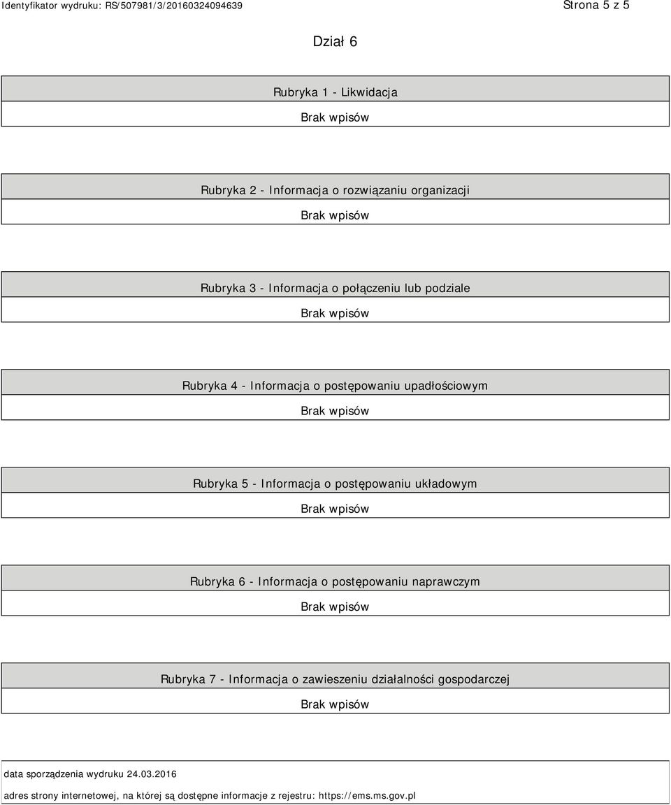 układowym Rubryka 6 - Informacja o postępowaniu naprawczym Rubryka 7 - Informacja o zawieszeniu działalności