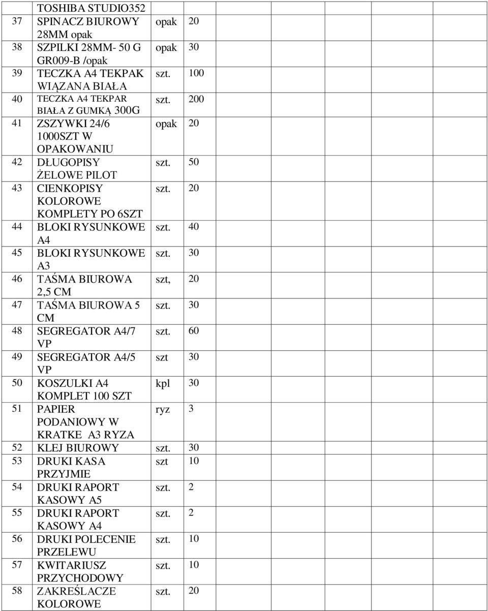 SEGREGATOR A4/7 VP 49 SEGREGATOR A4/5 VP 50 KOSZULKI A4 KOMPLET 100 SZT 51 PAPIER PODANIOWY W KRATKE A3 RYZA opak 20 opak 30 0 0 opak 20 szt. 50 szt.