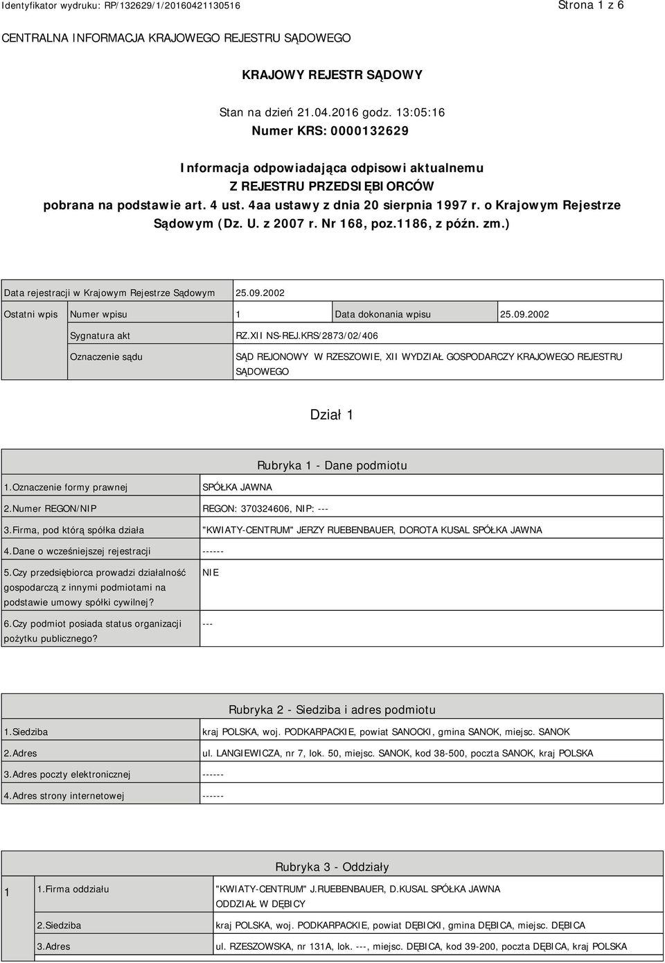 o Krajowym Rejestrze Sądowym (Dz. U. z 2007 r. Nr 168, poz.1186, z późn. zm.) Data rejestracji w Krajowym Rejestrze Sądowym 25.09.2002 Ostatni wpis Numer wpisu 1 Data dokonania wpisu 25.09.2002 Sygnatura akt Oznaczenie sądu RZ.