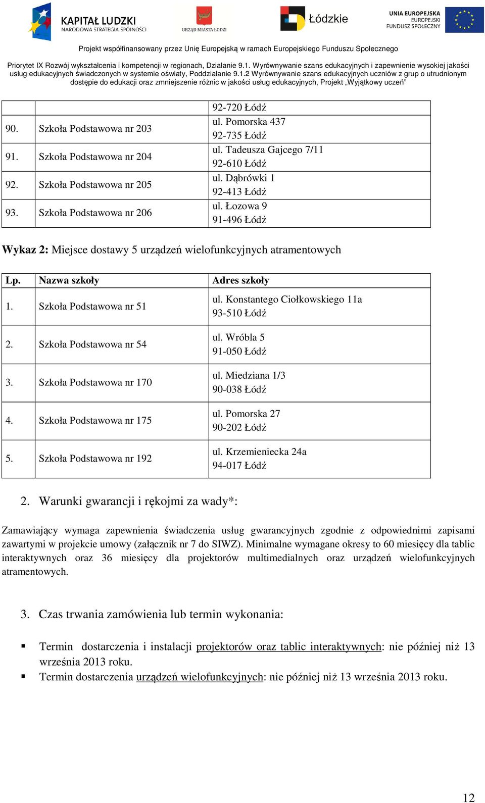 Konstantego Ciołkowskiego 11a 93-510 Łódź 2. Szkoła Podstawowa nr 54 3. Szkoła Podstawowa nr 170 4. Szkoła Podstawowa nr 175 5. Szkoła Podstawowa nr 192 ul. Wróbla 5 91-050 Łódź ul.