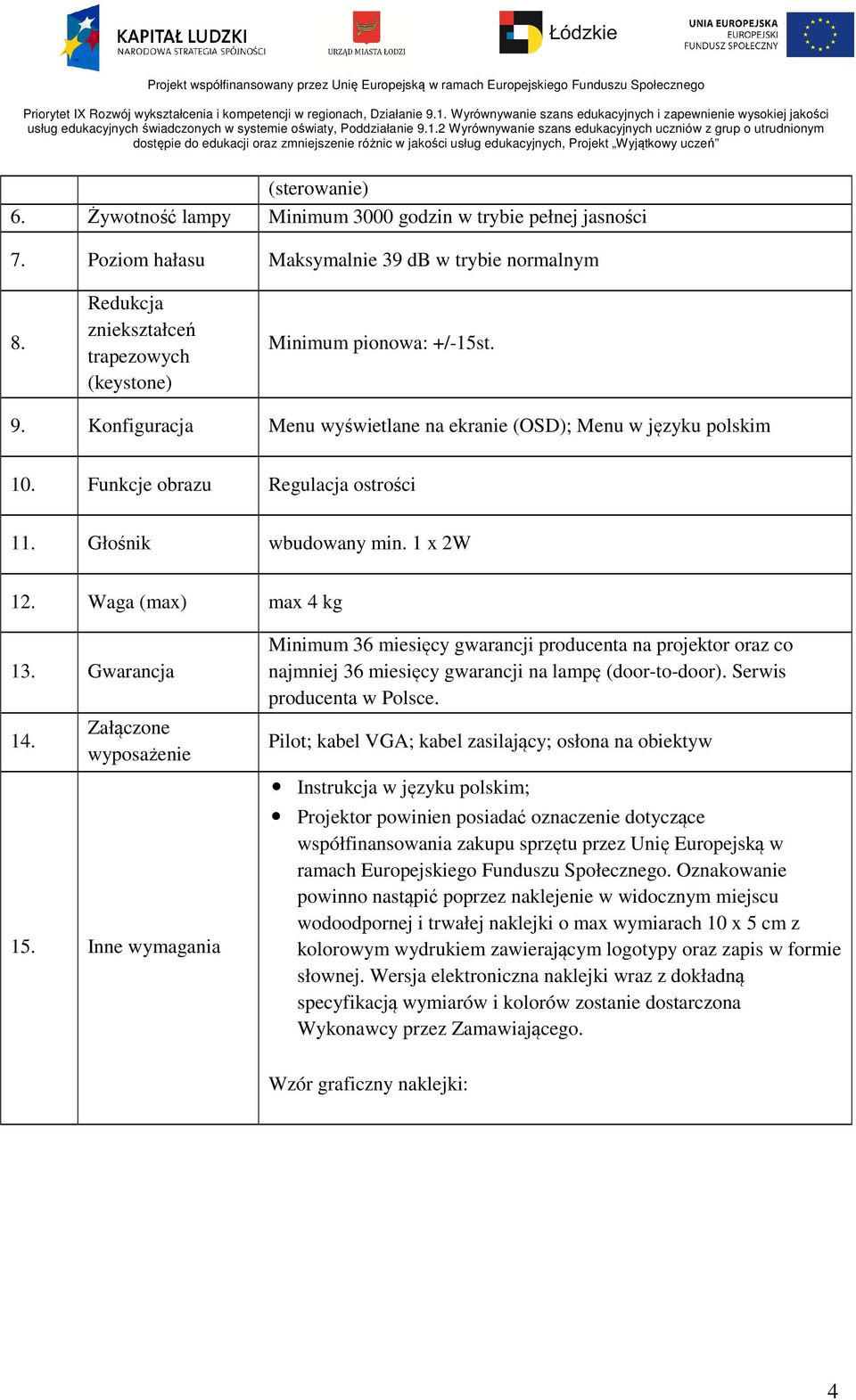 Głośnik wbudowany min. 1 x 2W 12. Waga (max) max 4 kg 13. Gwarancja 14. Załączone wyposażenie 15.