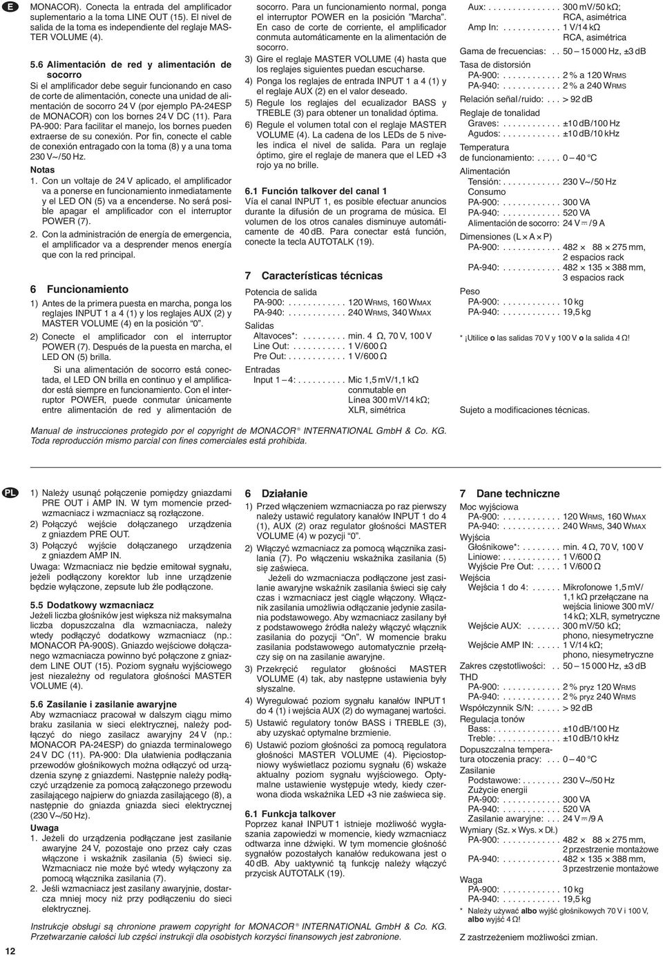 de MONACOR) con los bornes 24 V DC (11). Para PA-900: Para facilitar el manejo, los bornes pueden extraerse de su conexión.