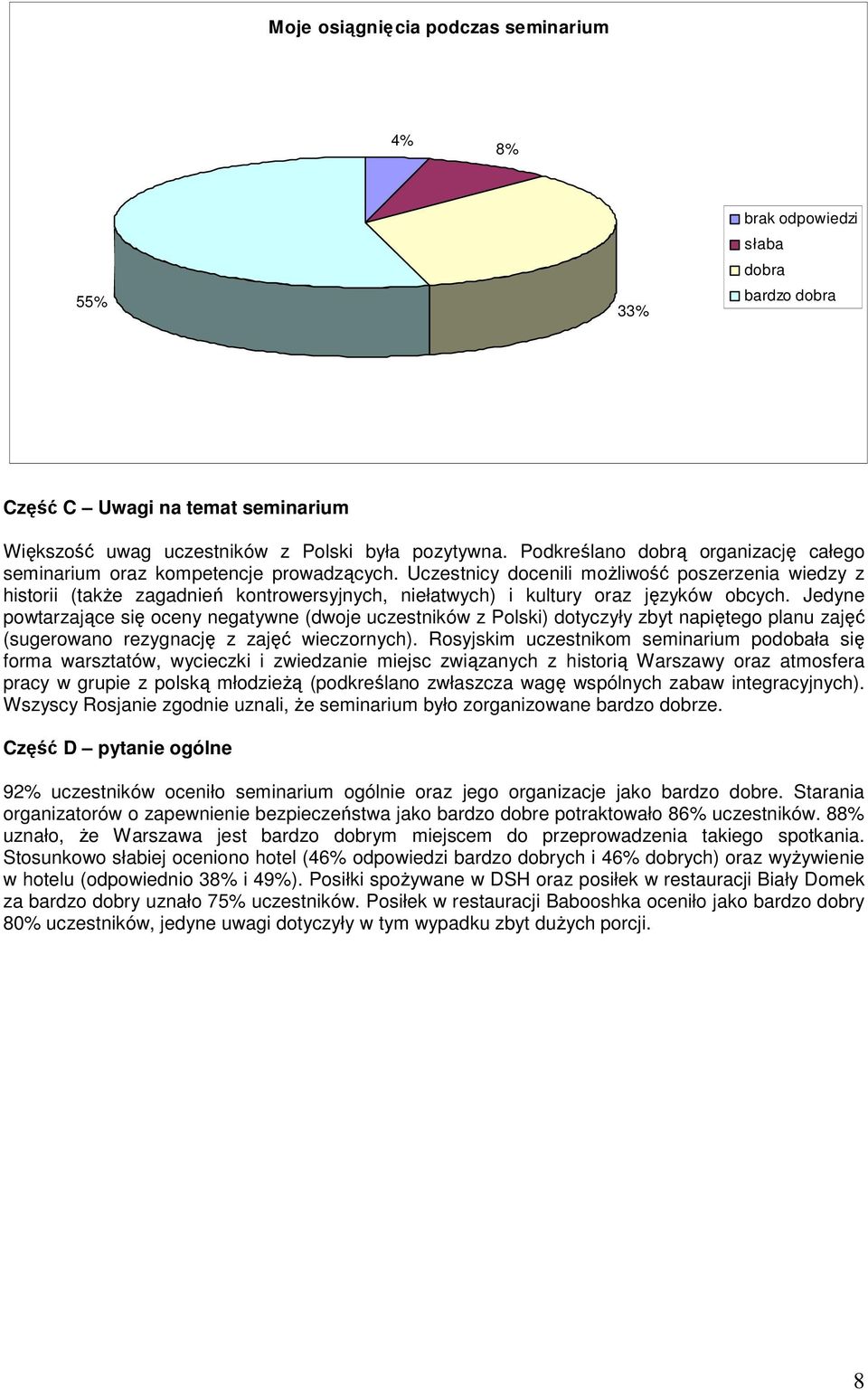 Uczestnicy docenili moŝliwość poszerzenia wiedzy z historii (Ŝe zagadń kontrowersyjnych, łatwych) i kultury oraz języków obcych.