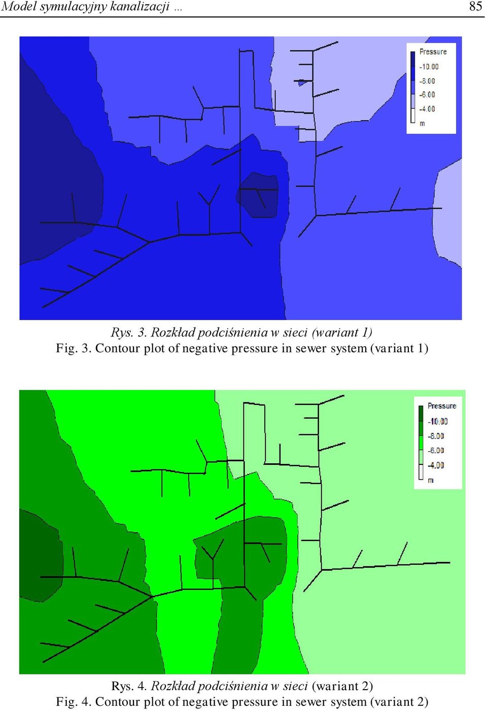 Contour plot of negative pressure in sewer system (variant 1) Rys.