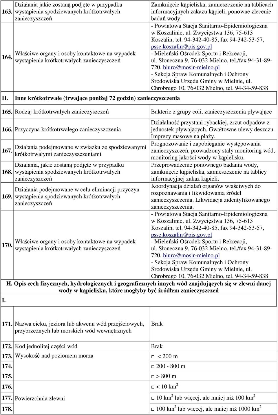 informacyjnych zakazu kąpieli, ponowne zlecenie badań wody. - Powiatowa Stacja Sanitarno-Epidemiologiczna w Koszalinie, ul. Zwycięstwa 136, 75-613 Koszalin, tel. 94-342-40-85, fax 94-342-53-57, psse.