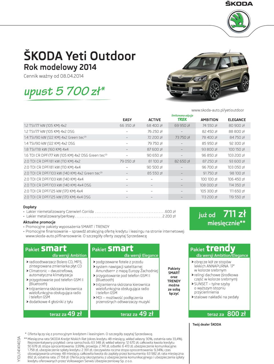 4 TSI/90 kw (122 KM) 4x2 DSG 79 750 zł 85 950 zł 92 300 zł 1.8 TSI/118 kw (160 KM) 4x4 87 600 zł 93 800 zł 100 150 zł 1.