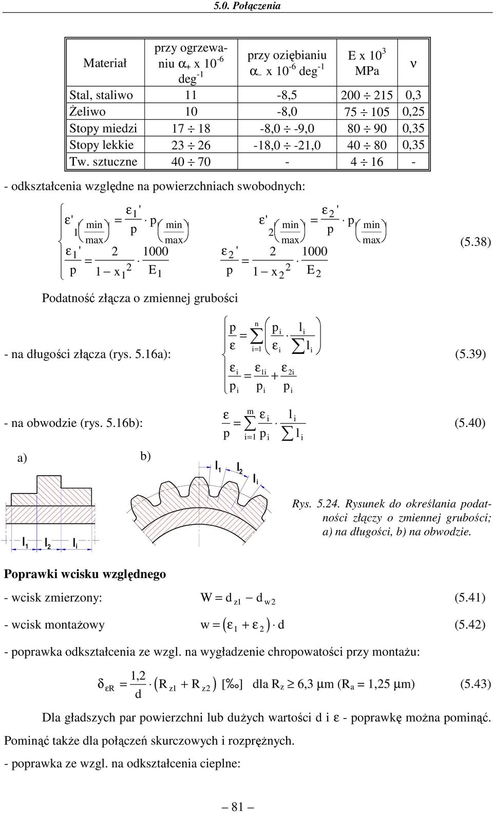 38) - na łuości złącza (rys. 5.6a): - na obwozie (rys. 5.6b): a) b) n i i ε i εi i εi ε i εi + i i i m ε ε i i i i i i (5.39) (5.40