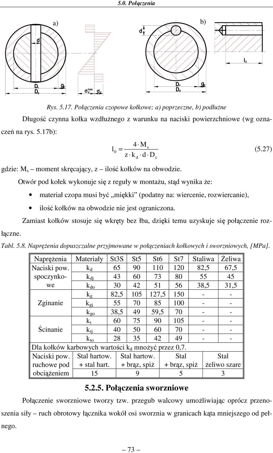 7) z k Dc Otwór o kołek wykonuje się z reuły w montażu, stą wynika że: materiał czoa musi być miękki (oatny na: wiercenie, rozwiercanie), iość kołków na obwozie nie jest oraniczona. Tab. 5.8.