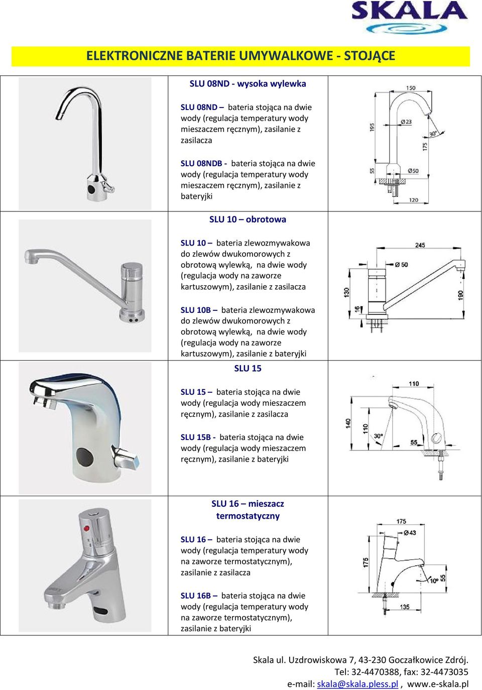 zaworze kartuszowym), zasilanie SLU 15 SLU 15 bateria stojąca na dwie wody (regulacja wody mieszaczem ręcznym), zasilanie SLU 15B - bateria stojąca na dwie wody (regulacja wody