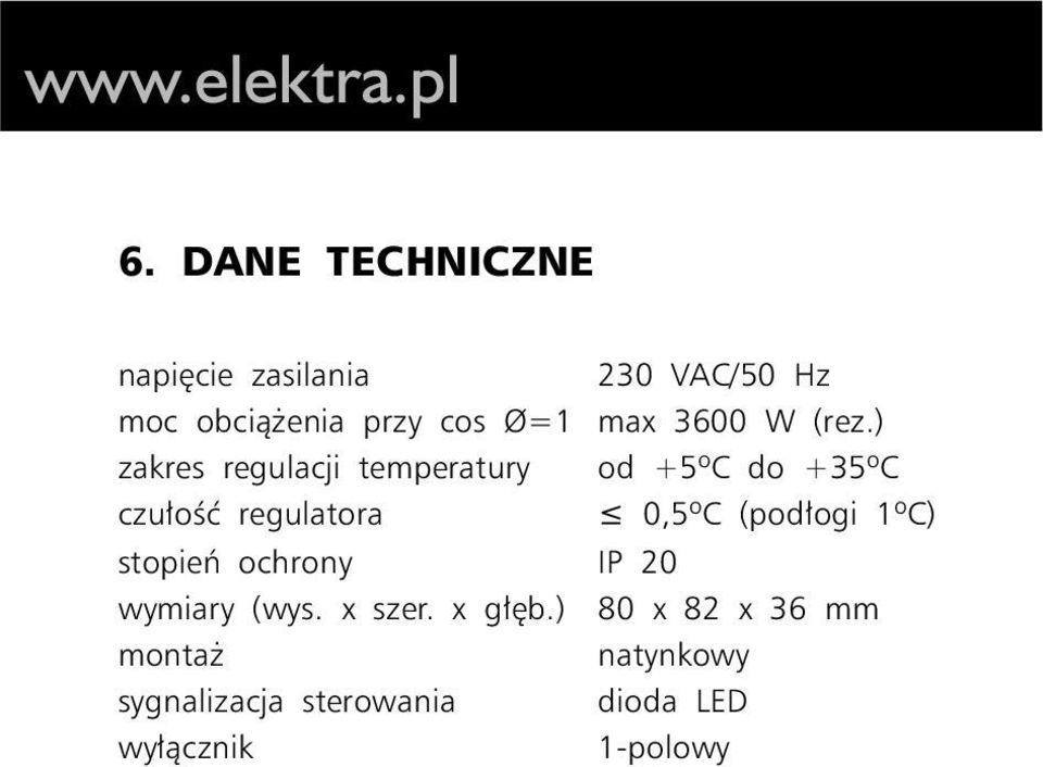 ) zakres regulacji temperatury od +5oC do +35oC czu³oœæ regulatora 0,5oC