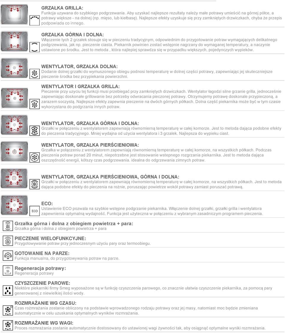 GRZAŁKA GÓRNA I DOLNA: Włączenie tych 2 grzałek stosuje się w pieczeniu tradycyjnym, odpowiednim do przygotowanie potraw wymagających delikatnego podgrzewania, jak np. pieczenie ciasta.
