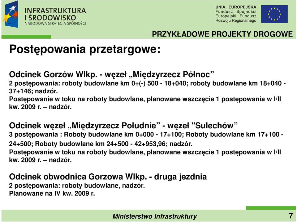 Postępowanie w toku na roboty budowlane, planowane wszczęcie 1 postępowania w I/II kw. 2009 r. nadzór.