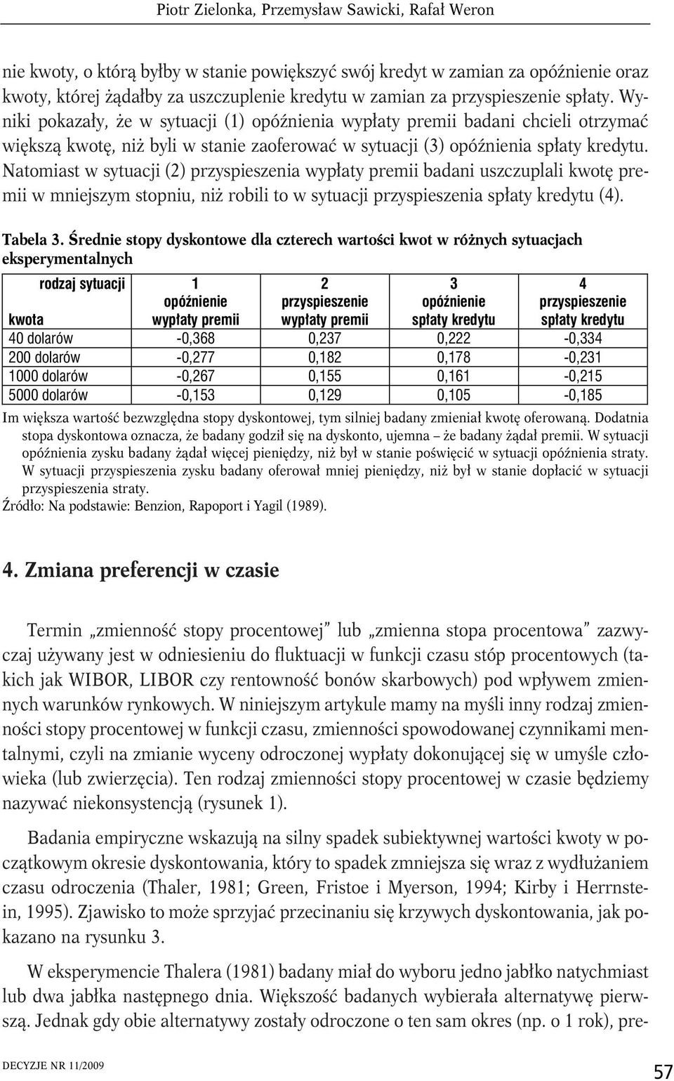 Natomiast w sytuacji () przyspieszenia wypłaty premii badani uszczuplali kwotę premii wmniejszym stopniu, niż robili to wsytuacji przyspieszenia spłaty kredytu (4). Tabela 3.