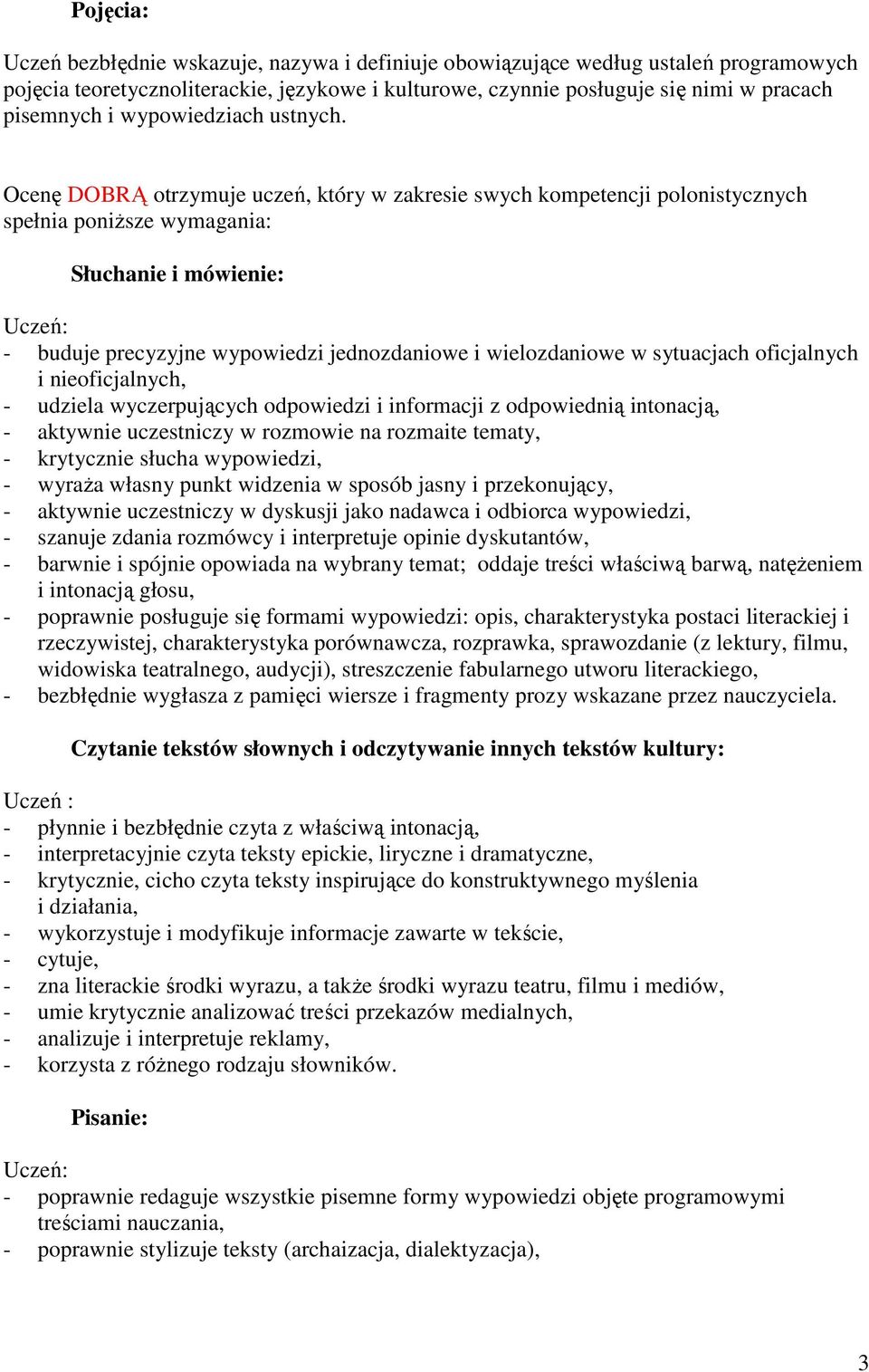 Ocenę DOBRĄ otrzymuje uczeń, który w zakresie swych kompetencji polonistycznych spełnia poniższe wymagania: - buduje precyzyjne wypowiedzi jednozdaniowe i wielozdaniowe w sytuacjach oficjalnych i