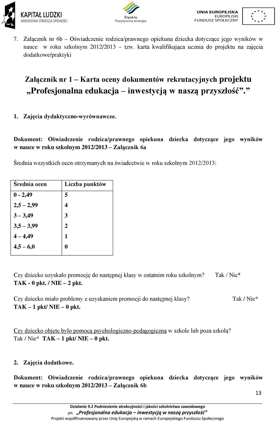 Dokument: Oświadczenie rodzica/prawnego opiekuna dziecka dotyczące jego wyników w nauce w roku szkolnym 2012/2013 Załącznik 6a Średnia wszystkich ocen otrzymanych na świadectwie w roku szkolnym