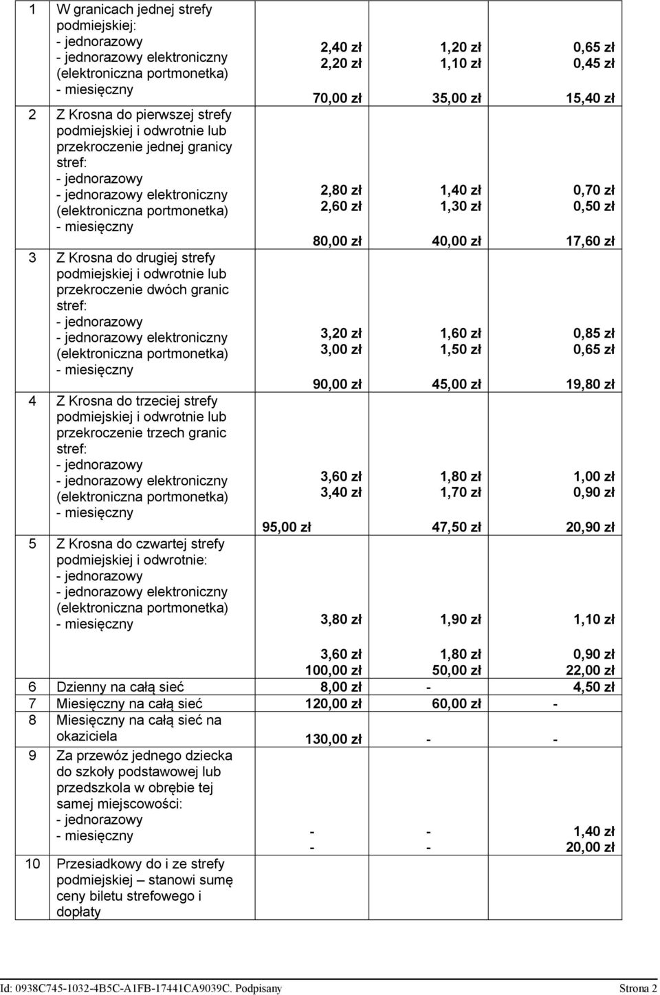 zł 70,00 zł 2,80 zł 2,60 zł 80,00 zł 3,20 zł 3,00 zł 90,00 zł 3,60 zł 3,40 zł 95,00 zł 5 Z Krosna do czwartej strefy podmiejskiej i odwrotnie: elektroniczny 3,80 zł 1,20 zł 1,10 zł 35,00 zł 1,40 zł