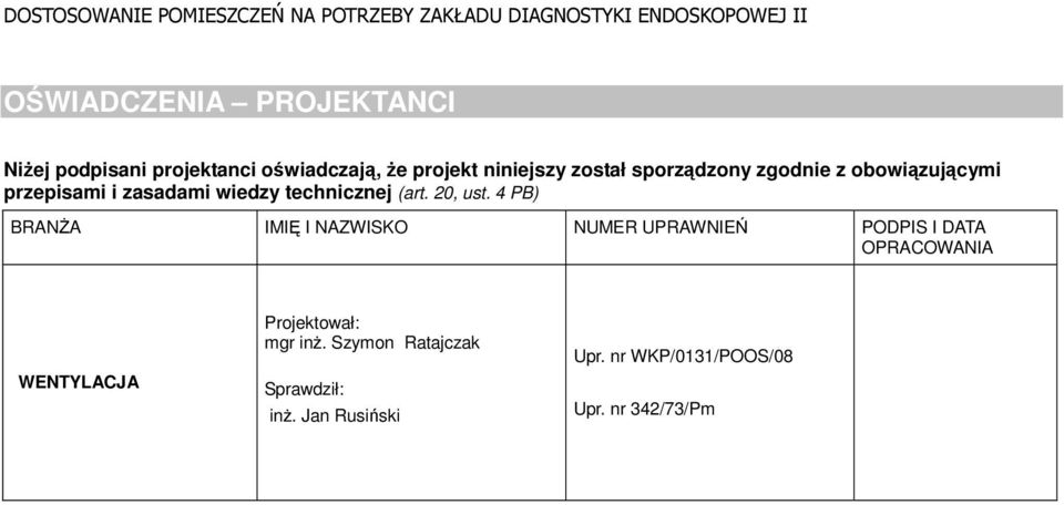 4 PB) BRANŻA IMIĘ I NAZWISKO NUMER UPRAWNIEŃ PODPIS I DATA OPRACOWANIA WENTYLACJA Projektował: