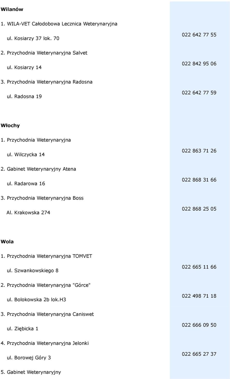 Radarowa 16 022 868 31 66 3. Przychodnia Weterynaryjna Boss Al. Krakowska 274 022 868 25 05 Wola 1. Przychodnia Weterynaryjna TOMVET ul. Szwankowskiego 8 022 665 11 66 2.