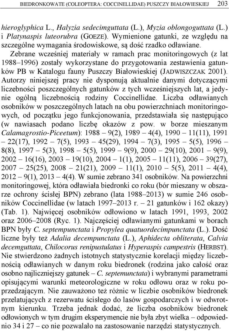 Zebrane wcześniej materiały w ramach prac monitoringowych (z lat 1988 1996) zostały wykorzystane do przygotowania zestawienia gatunków PB w Katalogu fauny Puszczy Białowieskiej (JADWISZCZAK 2001).